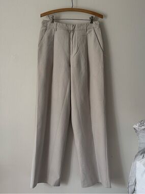Creatures of Comfort Wide Leg Pleated Khaki Cotton Twill Trousers
